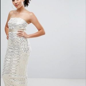 White Premium Lace Bandeau Sequin Midi Dress